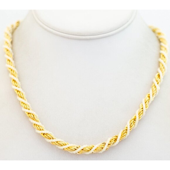 28 inch, Vintage Two Tone Striped White Gold Tone Necklace by Trifari - T25 - Picture 2 of 3